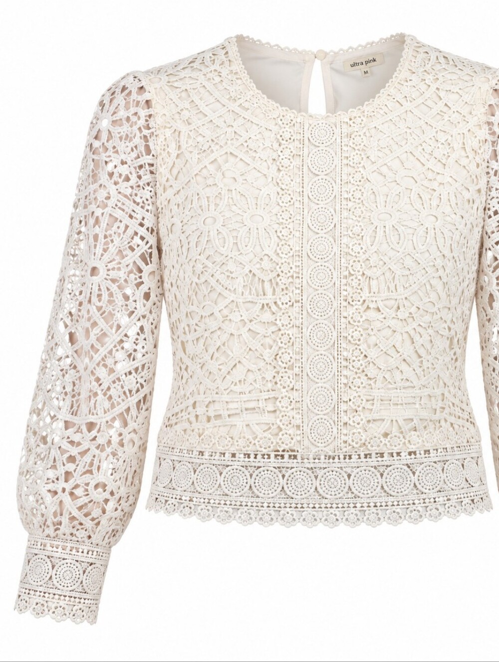 ULTRA PINK | Feminine Ivory Crochet Lace Lined Cropped Blouse Romantic Boho | M
